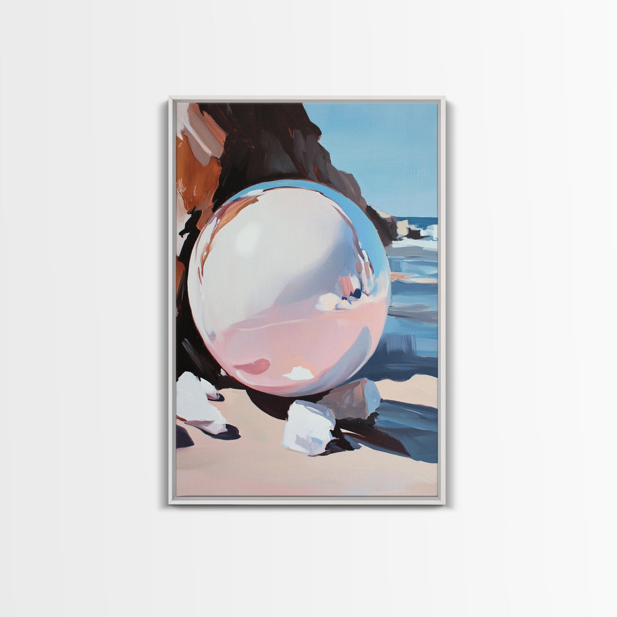 Reflective Sphere, Surrealist Print, Beach Art, Coastal Decor, Framed Canvas Print, Minimalist Aesthetic, Living Room Wall Art