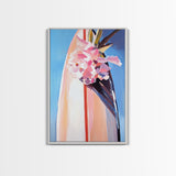 Surfboard Flowers, Tropical Boho Art, Framed Canvas Print, Coastal Wall Decor, Pastel Summer Painting, Beach Aesthetic, Minimalist Art
