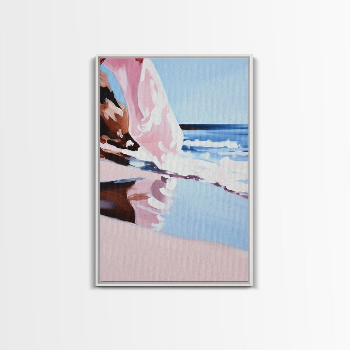 Flowing Waves, Dreamy Ocean Art, Framed Canvas Print, Abstract Beach Landscape, Soft Pastel Seascape, Coastal Serenity, Modern Decor