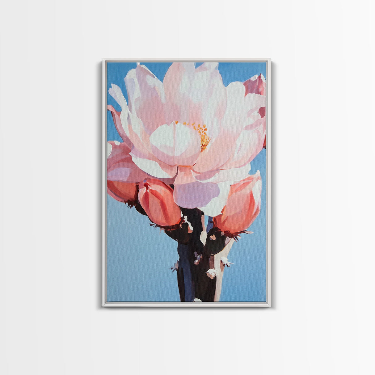 Blooming Cactus, Floral Desert Art, Southwestern Wall Decor, Minimalist Boho Painting, Framed Canvas Print, Pastel Botanical Wall Art