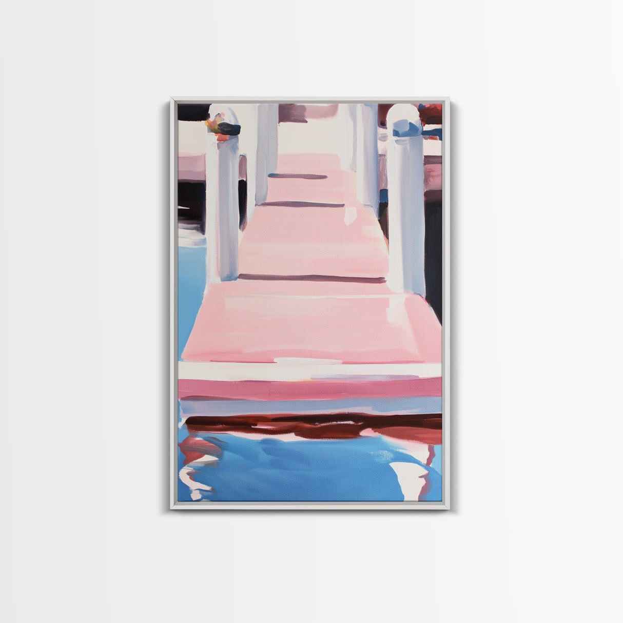 Pink Dock, Coastal Home Art, Framed Canvas Print, Nautical Wall Decor, Modern Seaside Painting, Pastel Summer Aesthetic, Beach House Art