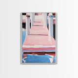Pink Dock, Coastal Home Art, Framed Canvas Print, Nautical Wall Decor, Modern Seaside Painting, Pastel Summer Aesthetic, Beach House Art