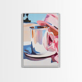 Silver Cup and Hat, Elegant Still Life, Minimalist Kitchen Decor, Soft Pastel, Modern Aesthetic, Canvas Print, Framed Canvas Print