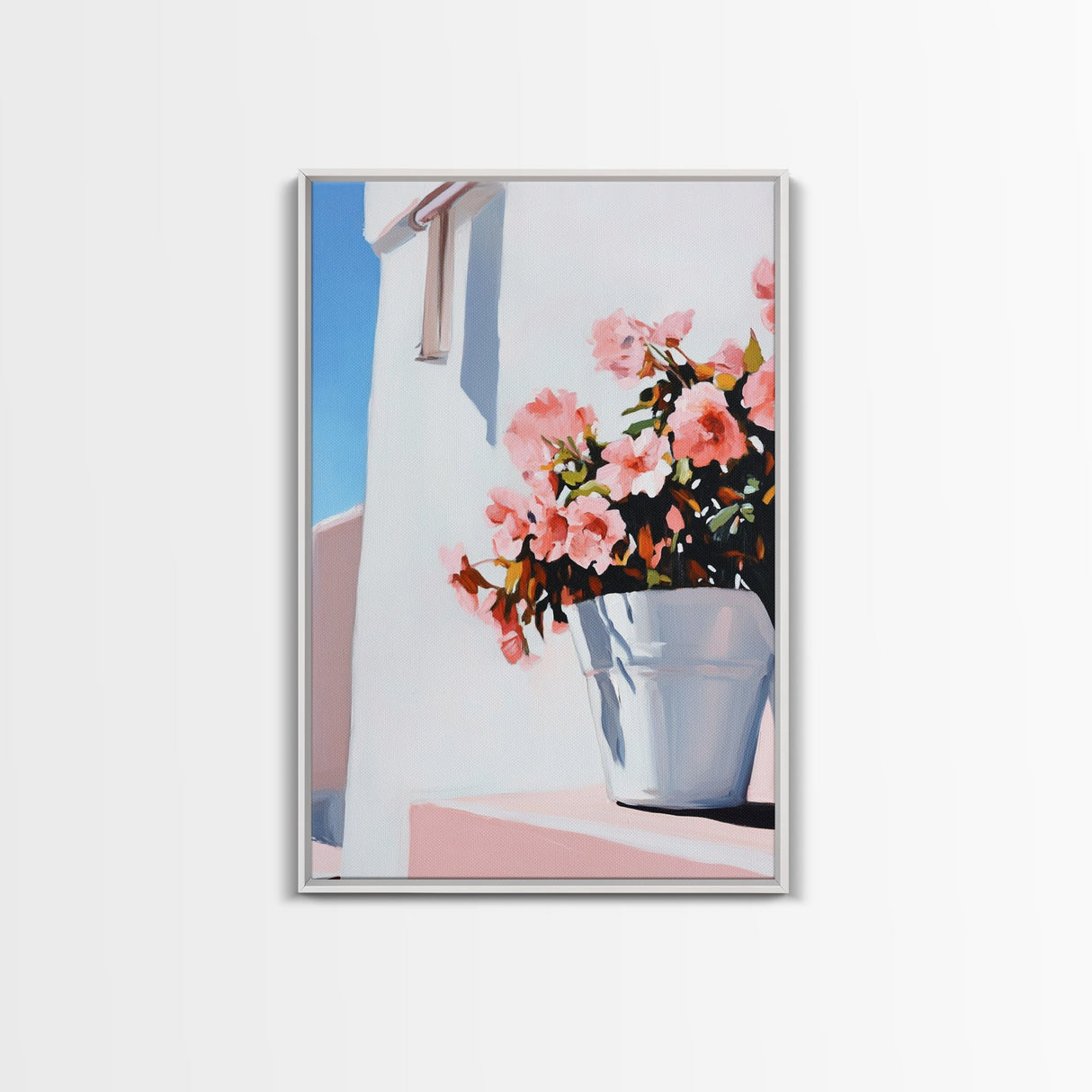 Mediterranean, Flower Pot, Canvas Print, Modern Minimalist Painting, Bright Floral Wall Decor, White and Pink Art, Kitchen Wall Art