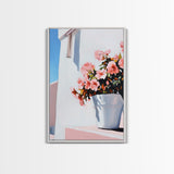 Mediterranean, Flower Pot, Canvas Print, Modern Minimalist Painting, Bright Floral Wall Decor, White and Pink Art, Kitchen Wall Art
