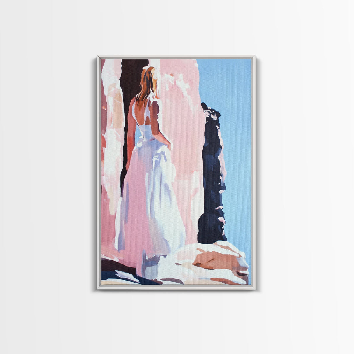 Woman, White Dress, Desert, Framed Canvas Print, Feminine Wall Art, Boho Aesthetic, Wanderlust Decor, Bedroom Wall Art, Travel Art