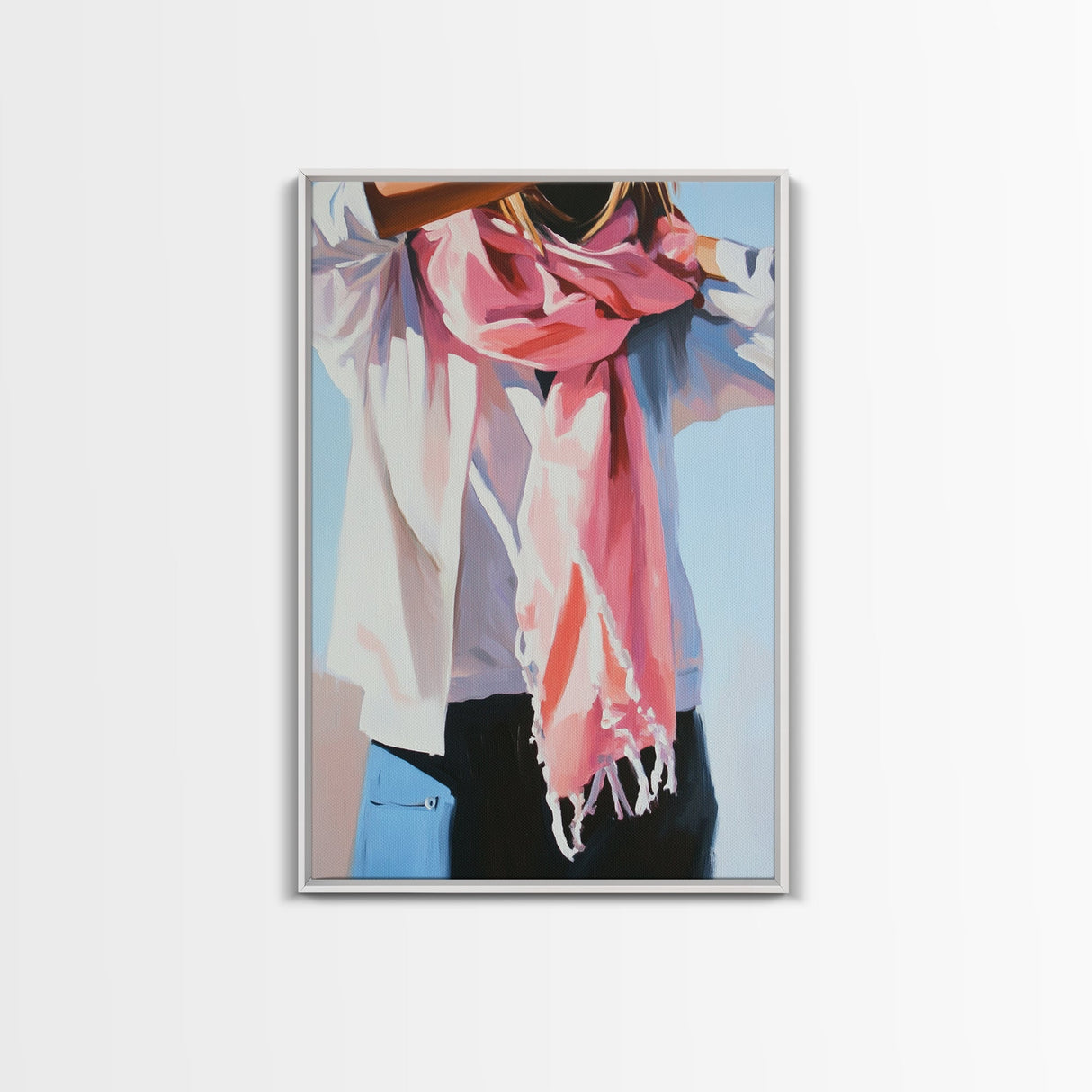 Pink Scarf, Fashion Illustration, Cozy Autumn Art, Feminine Style, Framed Canvas Print, Modern Wall Art, Soft Aesthetic, Unique Gift
