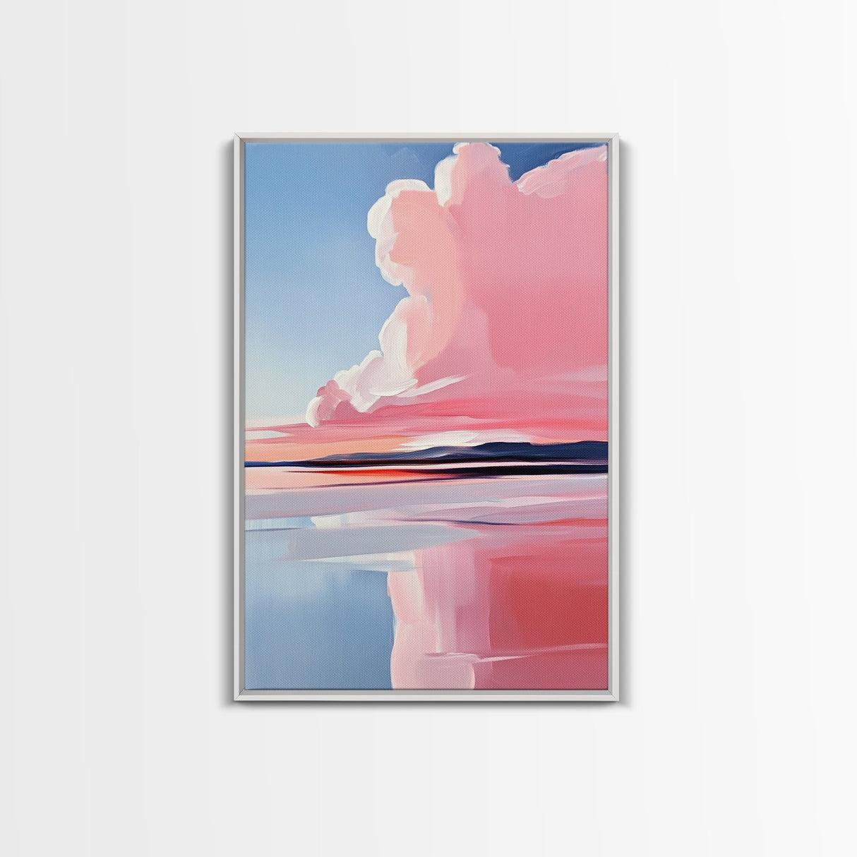 Lakeside Reflection, Calm Water Art, Serene Landscape, Pink and Blue Painting, Boho Minimalist Decor, Framed Canvas Print, Gift Idea