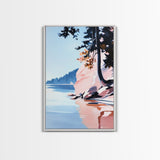 Lakeview Landscape Art, Serene Nature Print, Modern Forest Painting, Tranquil Coastal Scene, Framed Canvas Print, Living Room Wall Art