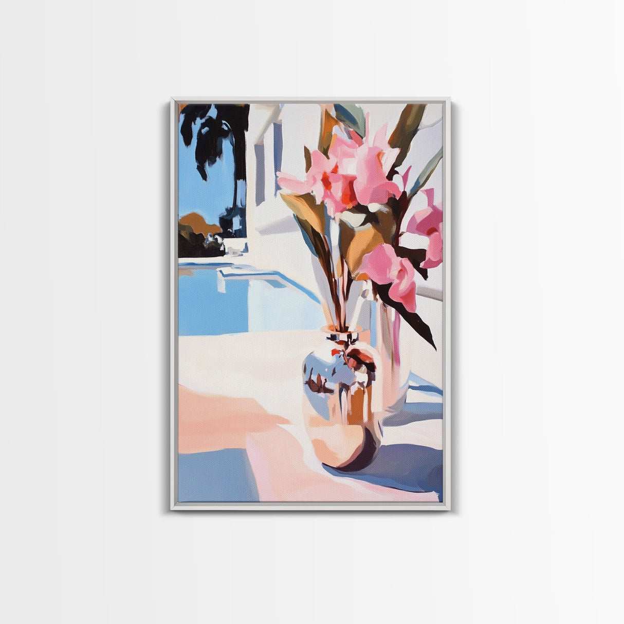Poolside Flowers, Elegant Floral Painting, Sunlit Summer Decor, Mediterranean Art Style, Framed Canvas Print, Dining Room Wall Art