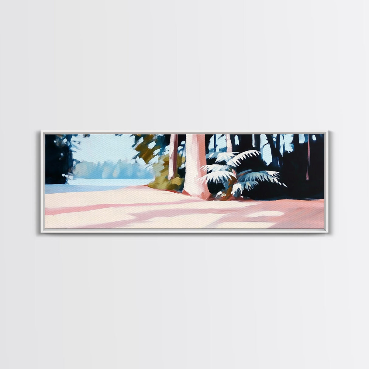 Forest Path, Sunlit Trees, Serene Nature, Framed Canvas Print, Tranquil Wall Art, Modern Landscape, Living Room Art, Cozy Decor