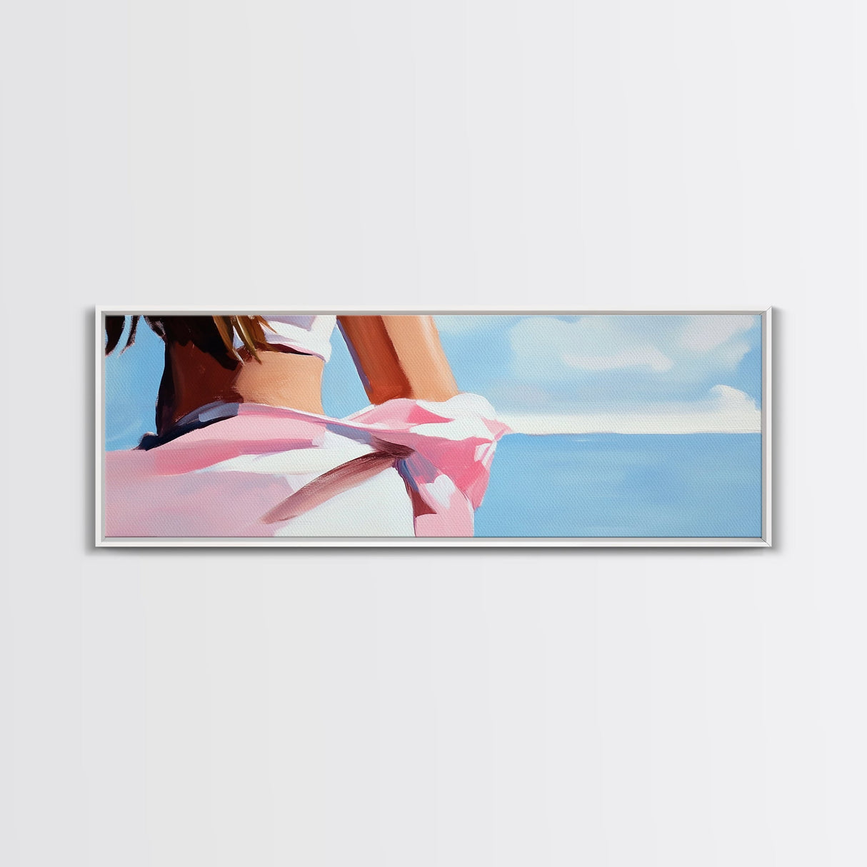 Woman on Beach, Windy Dress, Ocean Breeze, Framed Canvas Print, Feminine Wall Art, Boho Home Decor, Coastal Aesthetic, Bedroom