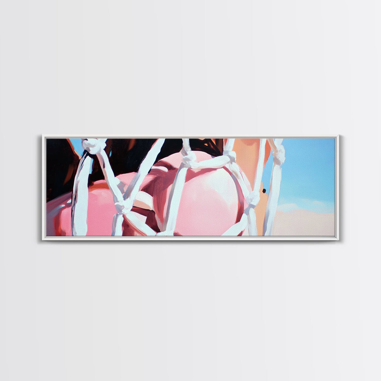 Rope Swing, Woman in Pink, Sunlit Sky, Framed Canvas Print, Summer Wall Art, Minimalist Decor, Feminine Aesthetic, Boho Art