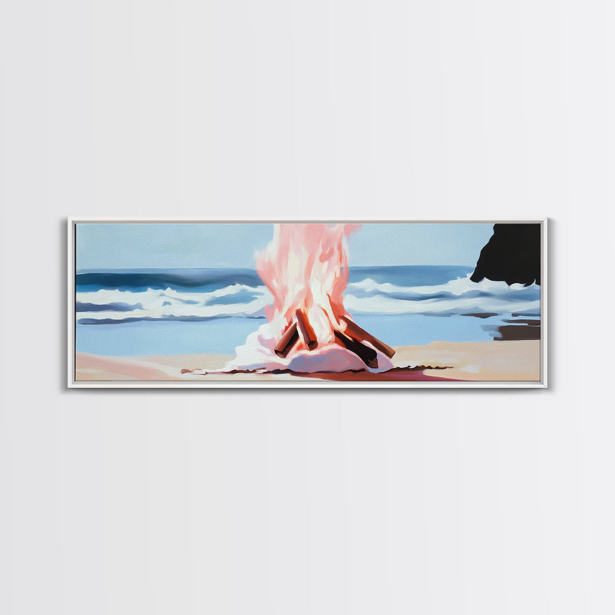 Beach Bonfire, Ocean Fire, Coastal Campfire, Framed Canvas Print, Seaside Night Art, Relaxing Summer Scene, Nautical Wall Decor
