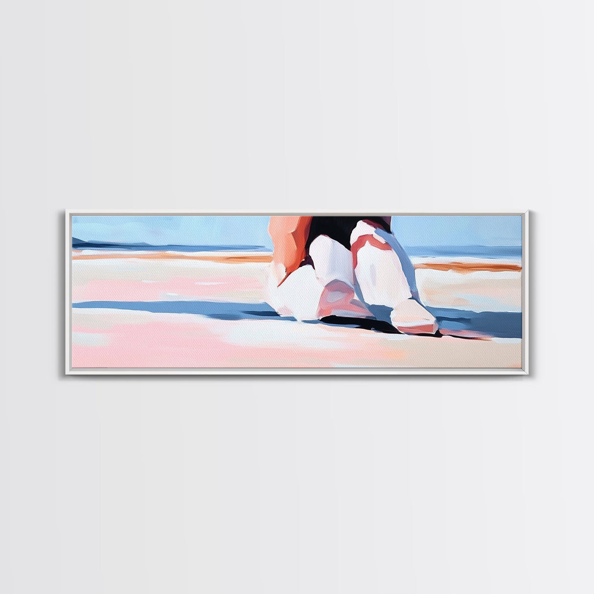 Woman, Pink Dress, Ocean Waves, Framed Canvas Print, Feminine Wall Art, Romantic Beach Scene, Soft Pastel Aesthetic, Dreamy Home Decor