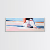 Woman, Pink Dress, Ocean Waves, Framed Canvas Print, Feminine Wall Art, Romantic Beach Scene, Soft Pastel Aesthetic, Dreamy Home Decor