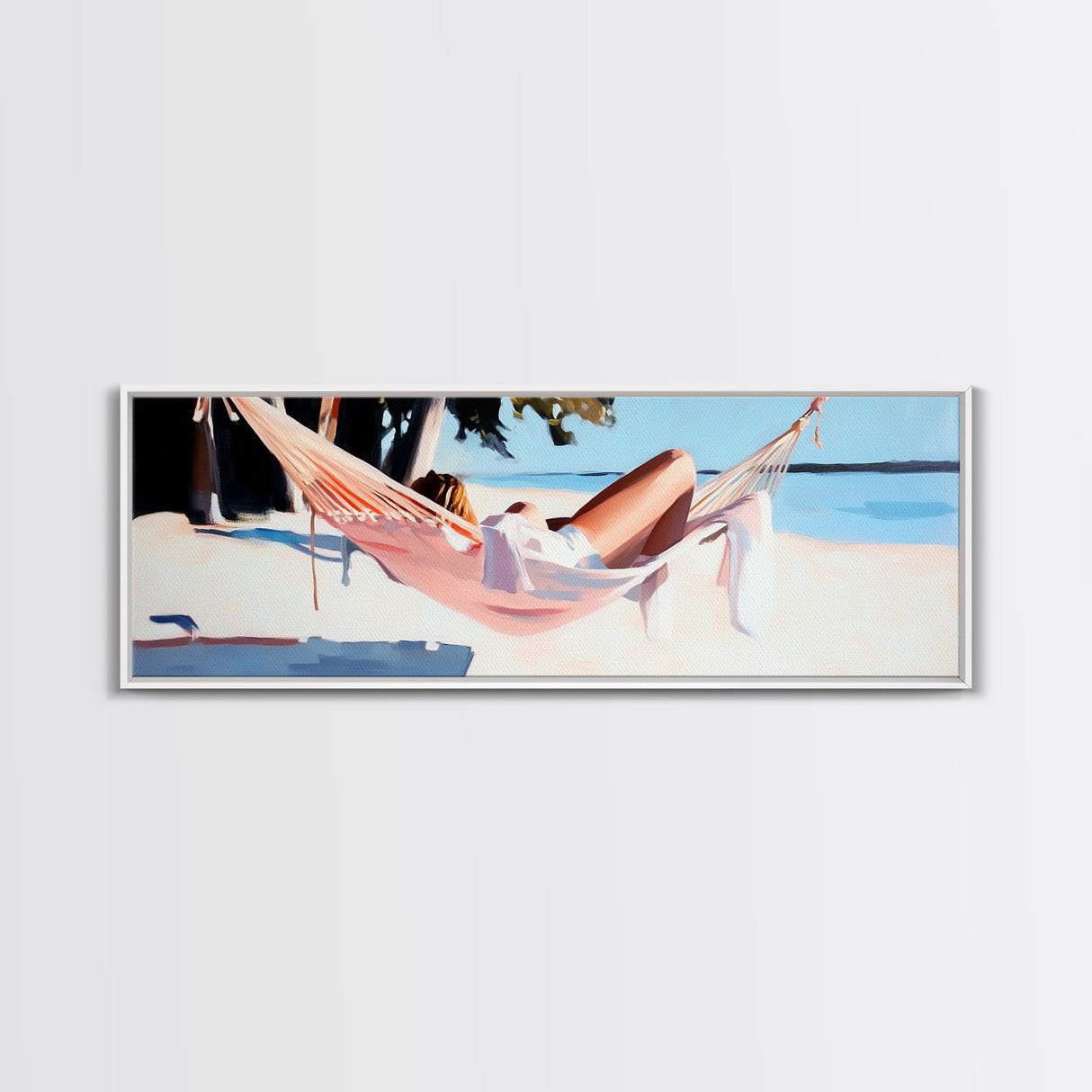 Hammock Rest, Relaxation, Coastal, Framed Canvas Print, Beach House Decor, Summer Vibes, Minimalist Art, Bedroom Wall Art, Boho Aesthetic