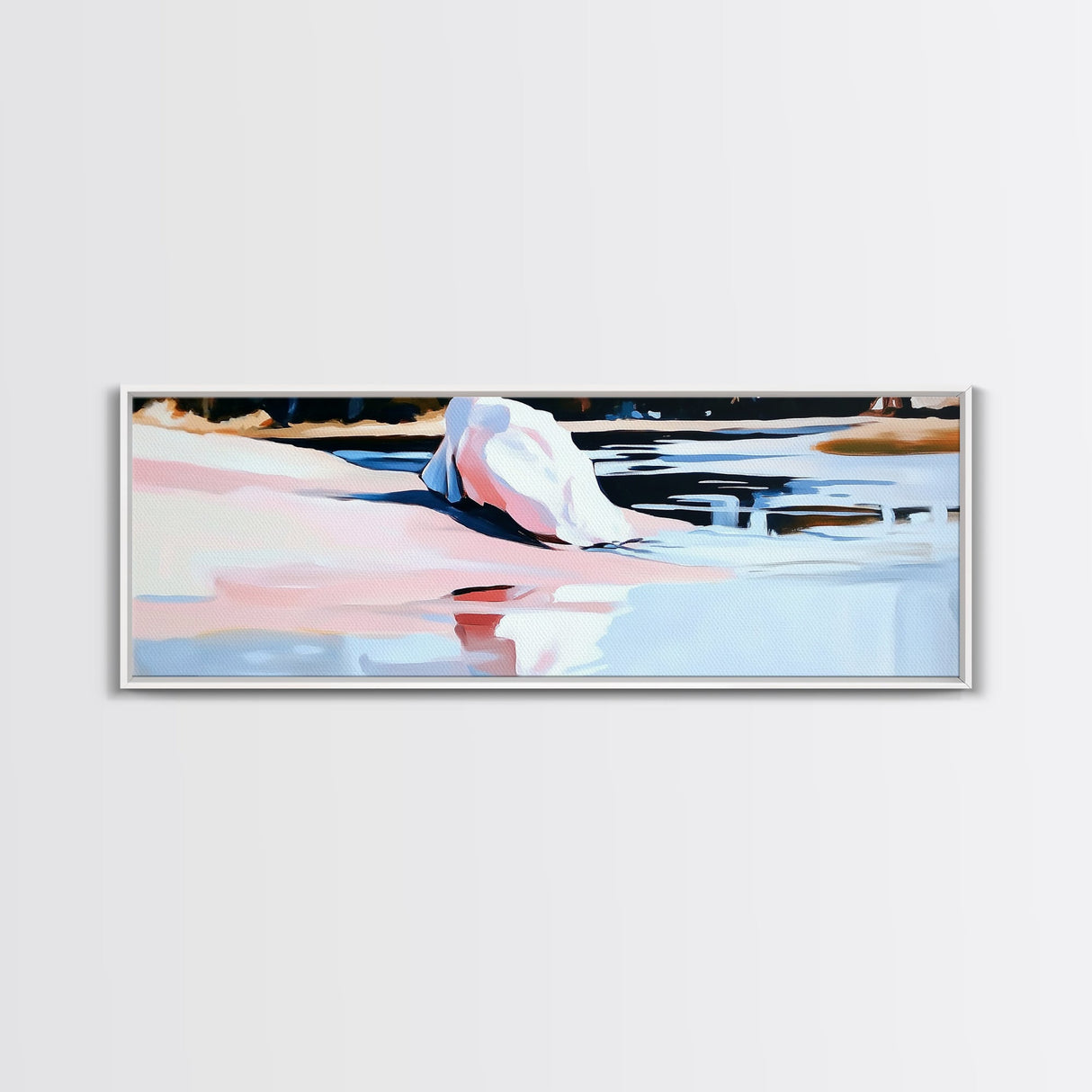 Pink Water Landscape, Tranquil Beach Art, Ocean Reflection, Modern Boho Decor, Bedroom Wall Art, Coastal Print, Framed Canvas Print