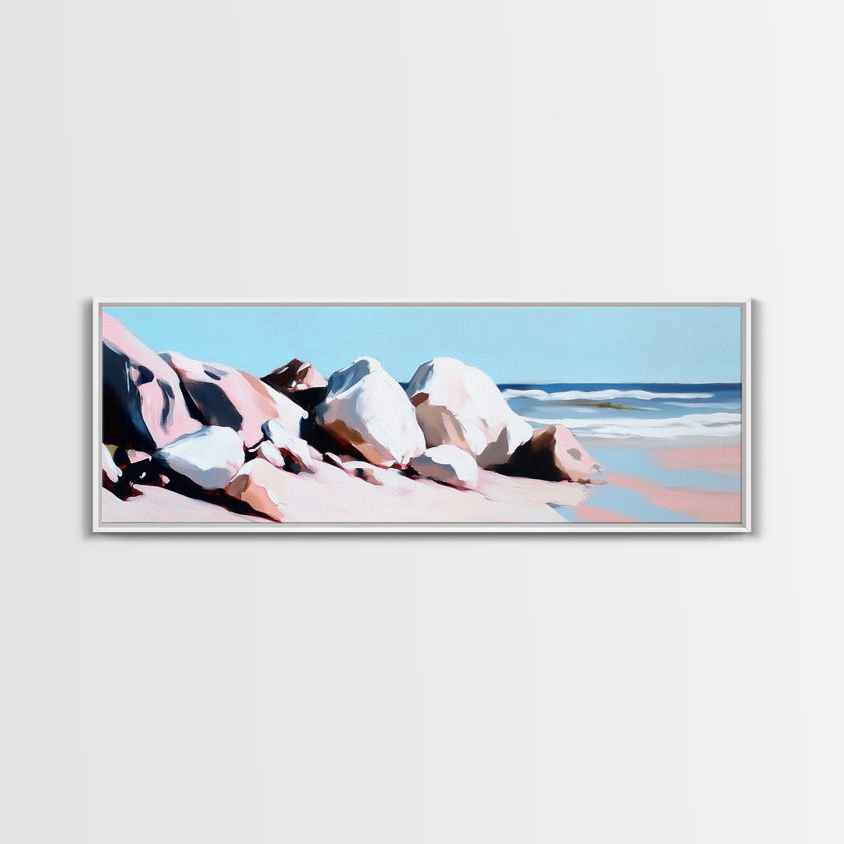 Ocean Rockscape, Tranquil Shoreline, Serene Nature Print, Coastal Art, Neutral Tones, Living Room Wall Decor, Framed Canvas Print