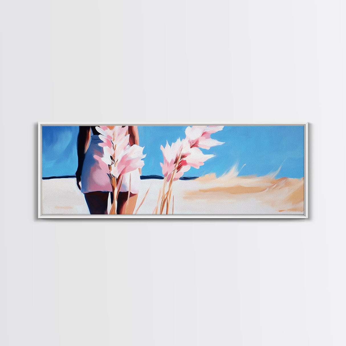 Woman Beach, Pastel Flowers, Feminine Art, Ocean View, Dreamy Coastal Decor, Framed Canvas Print, Bedroom Wall Art, Soft Aesthetic Art