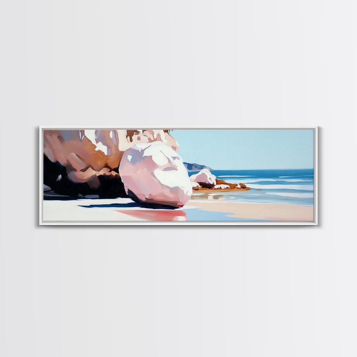 Beach Boulders, Coastal Landscape, Tranquil Escape, Framed Canvas Print, Ocean Wall Art, Boho Decor, Relaxing Seaside Painting
