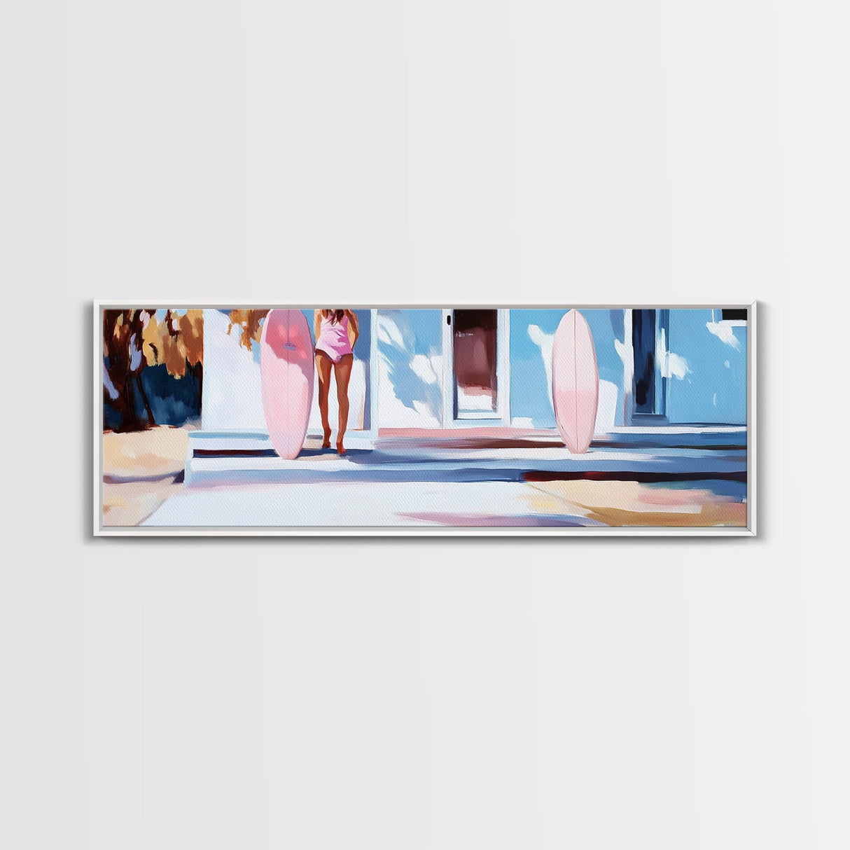 Surfer Girl, Pink Surfboard, Coastal Lifestyle, Beach House, Framed Canvas Print, Tropical Wall Art, Boho Home Decor, Gift Idea