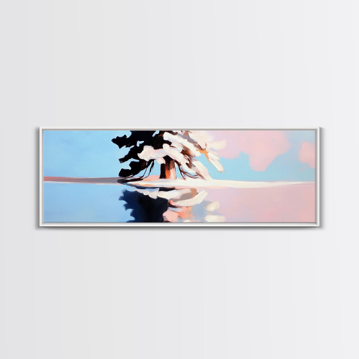 Winter Tree Reflection, Snowy Landscape Print, Serene Nature Art, Pastel Painting, Large Canvas Print, Minimalist Home Decor, Office Art