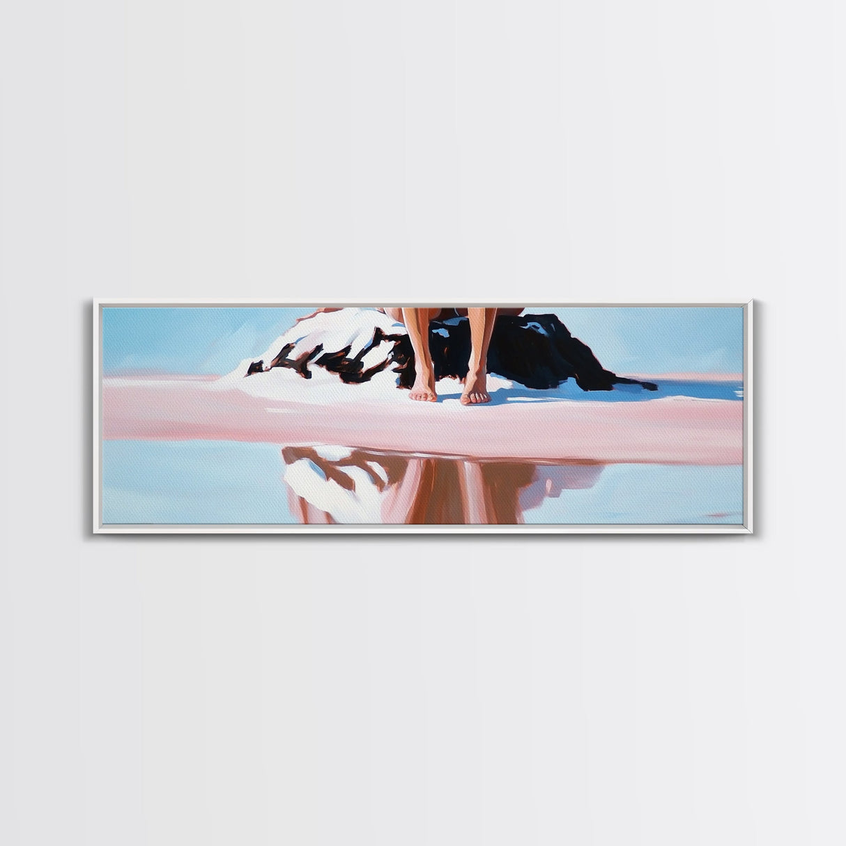 Seated on Rock, Serene Beach, Pink Tones, Coastal Minimalism, Contemporary Decor, Canvas Print, Bedroom Wall Art, Boho Vibes