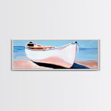 White Canoe, Coastal Wall Art, Seaside Aesthetic, Framed Canvas Print, Minimalist Boat Painting, Nautical Beach House Art, Ocean Decor