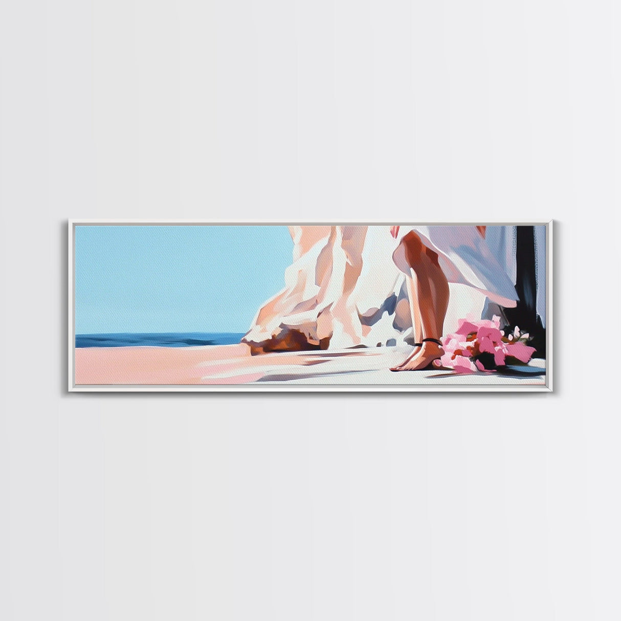 Bride by Cliffs, Wedding Wall Art, Coastal Painting, Feminine Seascape, Elegant Home Decor, Framed Canvas Print, Bedroom Aesthetic