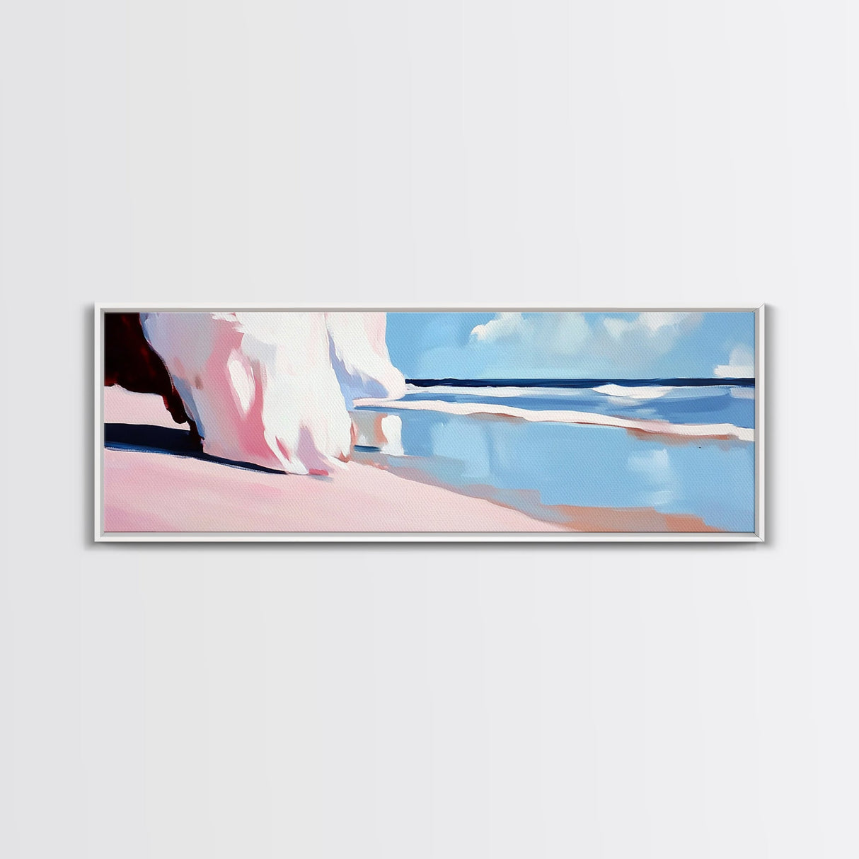 Pink Waves, Soft Beach Hues, Serene Seascape, Abstract Ocean, Framed Canvas Print, Minimalist Aesthetic, Bedroom Wall Art, Coastal Vibes