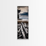 Coastal Beach, Driftwood Shore, Stormy Sky, Framed Canvas Print, Ocean Wall Art, Seaside Decor, Nautical Painting, Living Room Wall Art