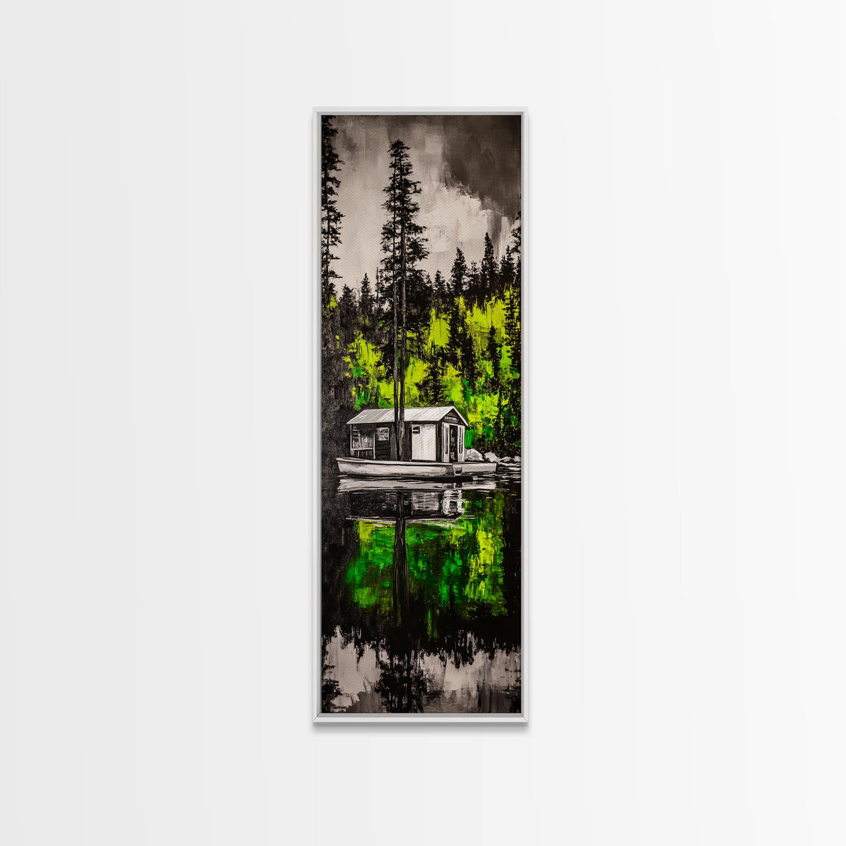 Forest Reflection, Cabin On Water, Tranquil Nature Scene, Woodsy Home Decor, Green Wall Art, Peaceful Landscape, Framed Canvas Print