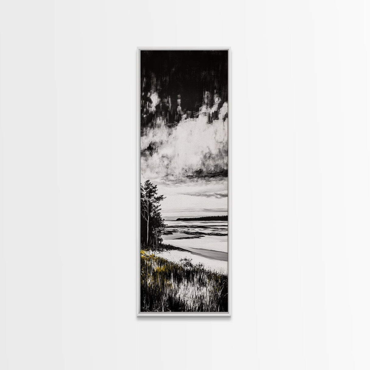 Coastal Serenity, Black White Landscape, Ocean Horizon Art, Minimalist Beach Scene, Modern Home Decor, Framed Canvas Print