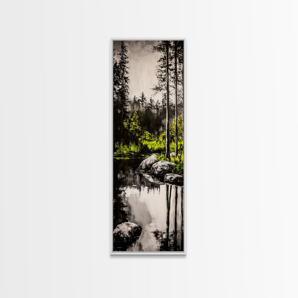 Tranquil River, Black White Nature, Reflective Water Scene, Forest Wall Decor, Rustic Landscape, Living Room Art, Framed Canvas Print