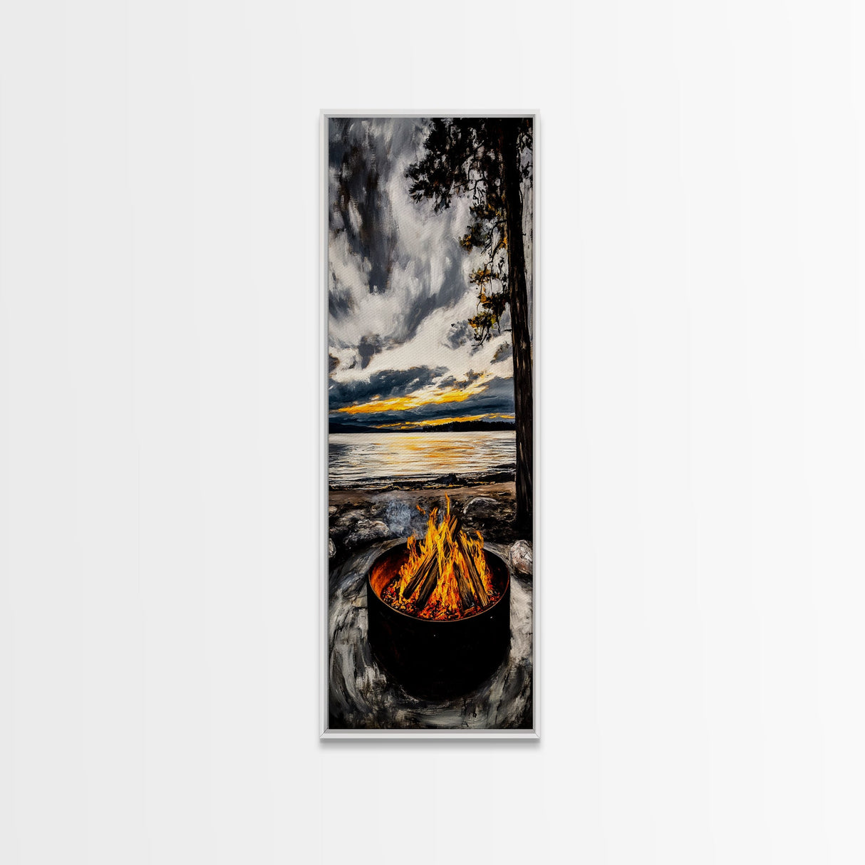 Sunset Fire Pit, Cozy Camping Decor, Lakeside Bonfire, Outdoor Wall Art, Framed Canvas Print, Rustic Lodge Art, Warm Tones, Cabin Decor
