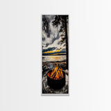 Sunset Fire Pit, Cozy Camping Decor, Lakeside Bonfire, Outdoor Wall Art, Framed Canvas Print, Rustic Lodge Art, Warm Tones, Cabin Decor