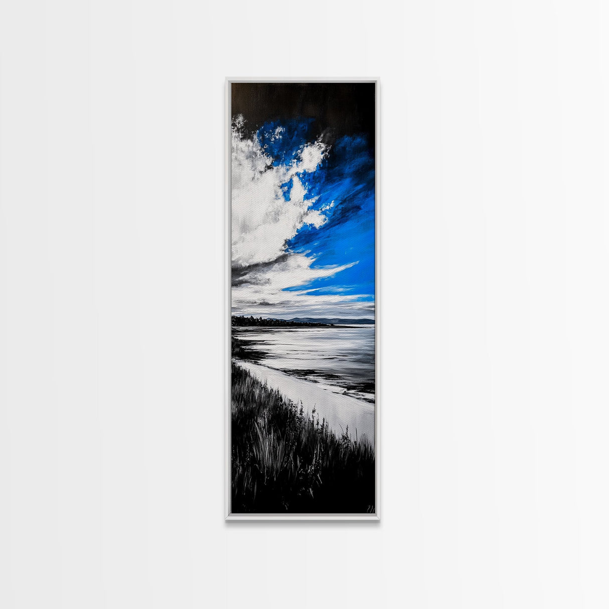 Black and White Beach, Monochrome Seascape, Moody Sky, Nature Photography, Framed Canvas Print, Minimalist Wall Art, Elegant Home Decor