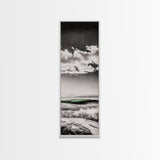 Coastal Waves, Black and White, Green Wave, Framed Canvas Print, Modern Beach Wall Art, Minimalist Ocean Decor, Living Room Art