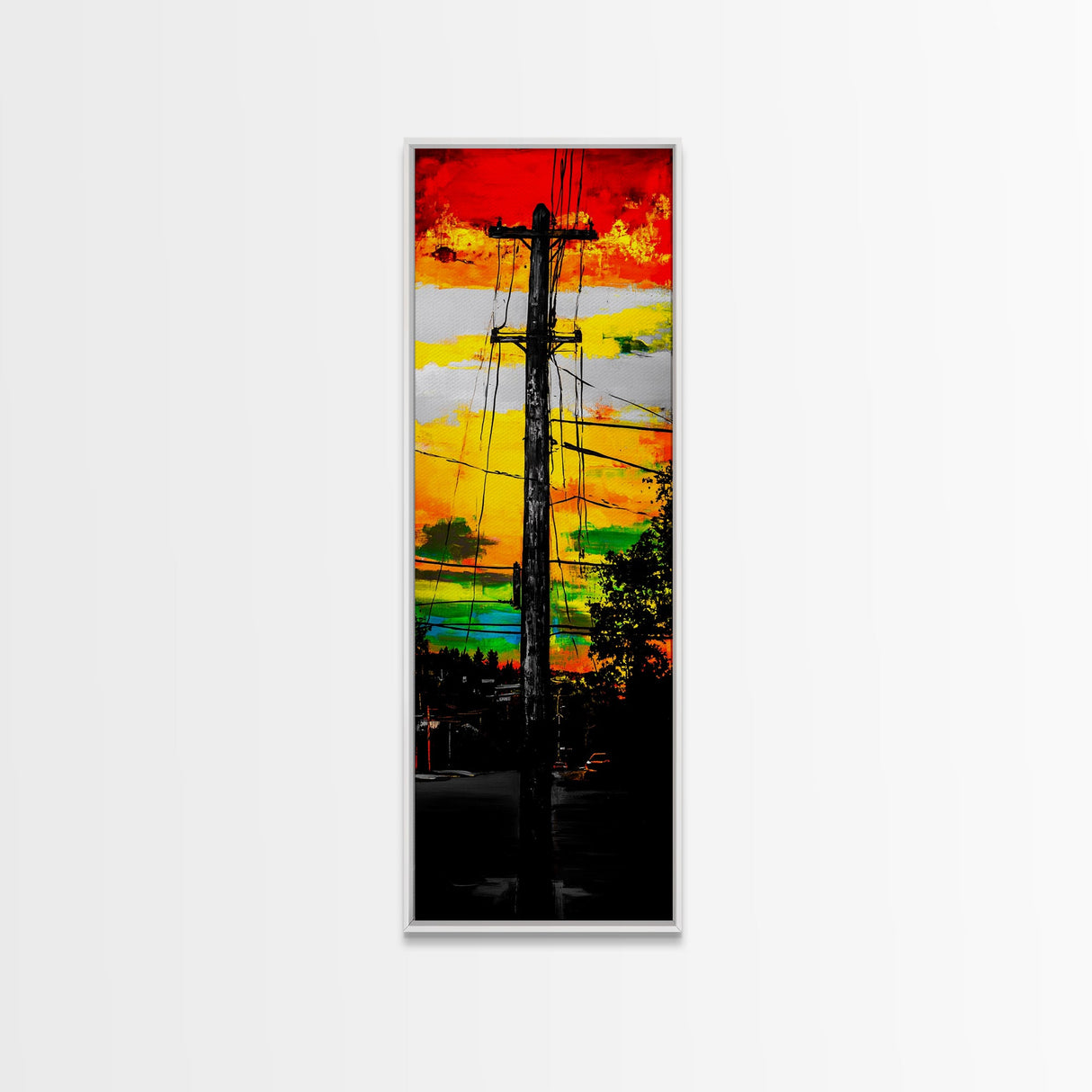 Sunset Utility Pole, Electric Lines, Urban Contrast, Canvas Print, Industrial Wall Art, Bold Colorful Decor, Modern Living Room Art