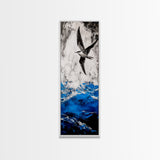 Ocean Bird, Stormy Waves, Blue and White, Framed Canvas Print, Nautical Wall Art, Minimalist Coastal Decor, Bedroom Artwork