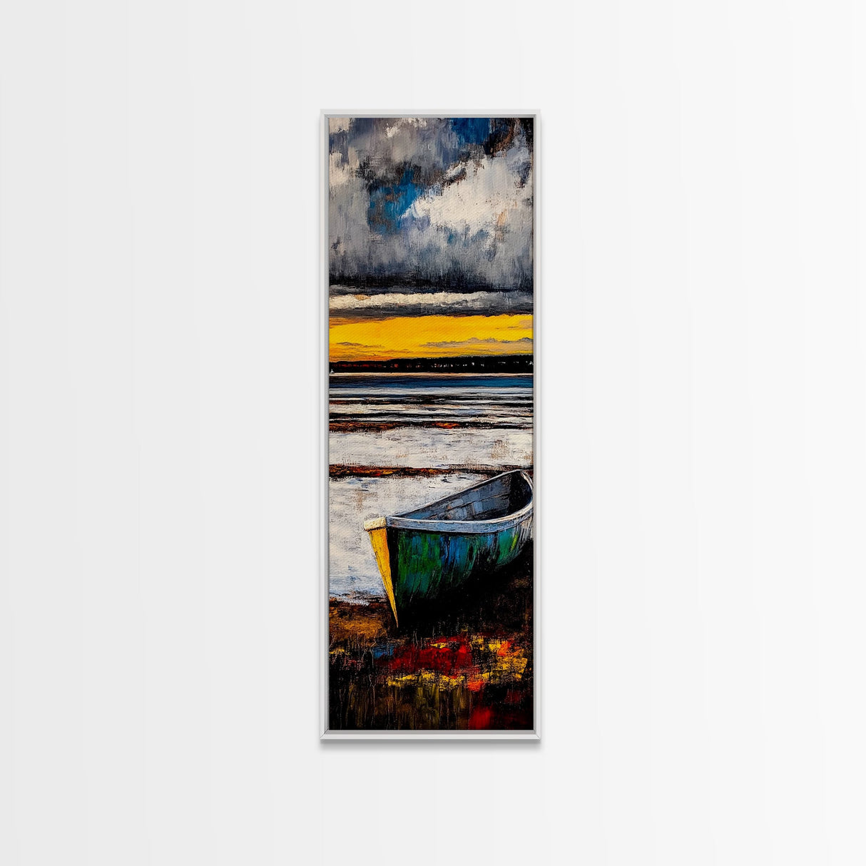 Boat on Shore, Sunset Painting, Coastal Decor, Nautical Wall Art, Framed Canvas Print, Living Room Art, Rustic Seascape, Ocean Scene