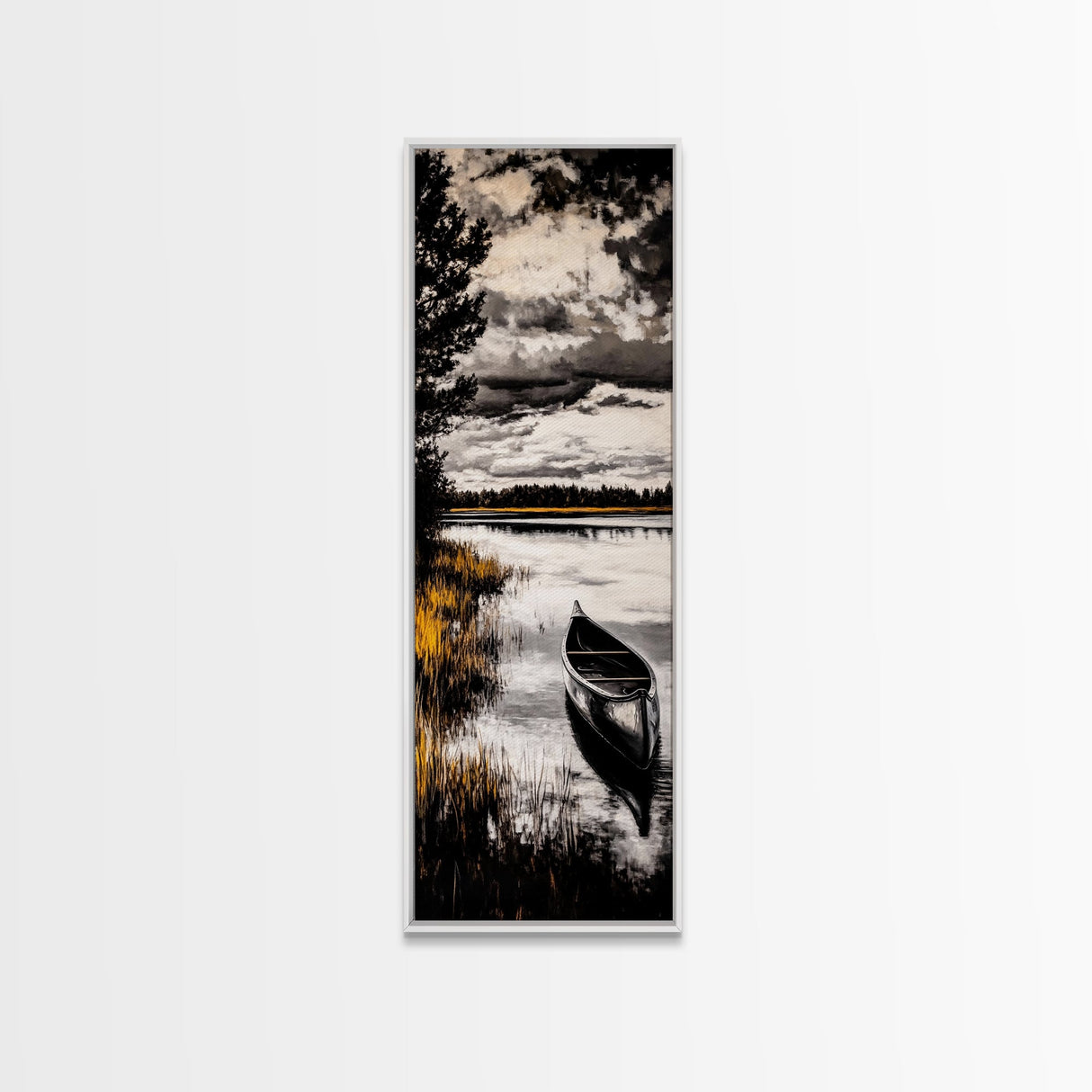 Canoe Lake, Tranquil Nature Art, Black and White Landscape, Framed Canvas Print, Serene Home Decor, Cabin Wall Art, Adventure Painting