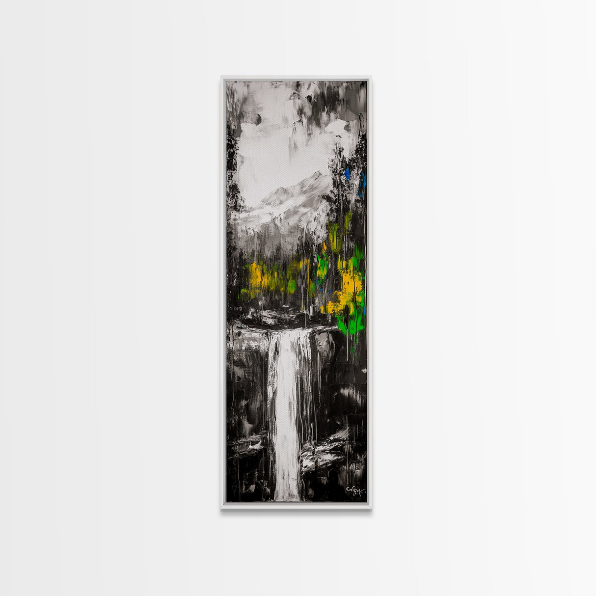 Waterfall Scene, Mountain Landscape, Abstract Nature Art, Canvas Print, Wilderness Wall Art, Green Yellow Decor, Adventure Home Decor