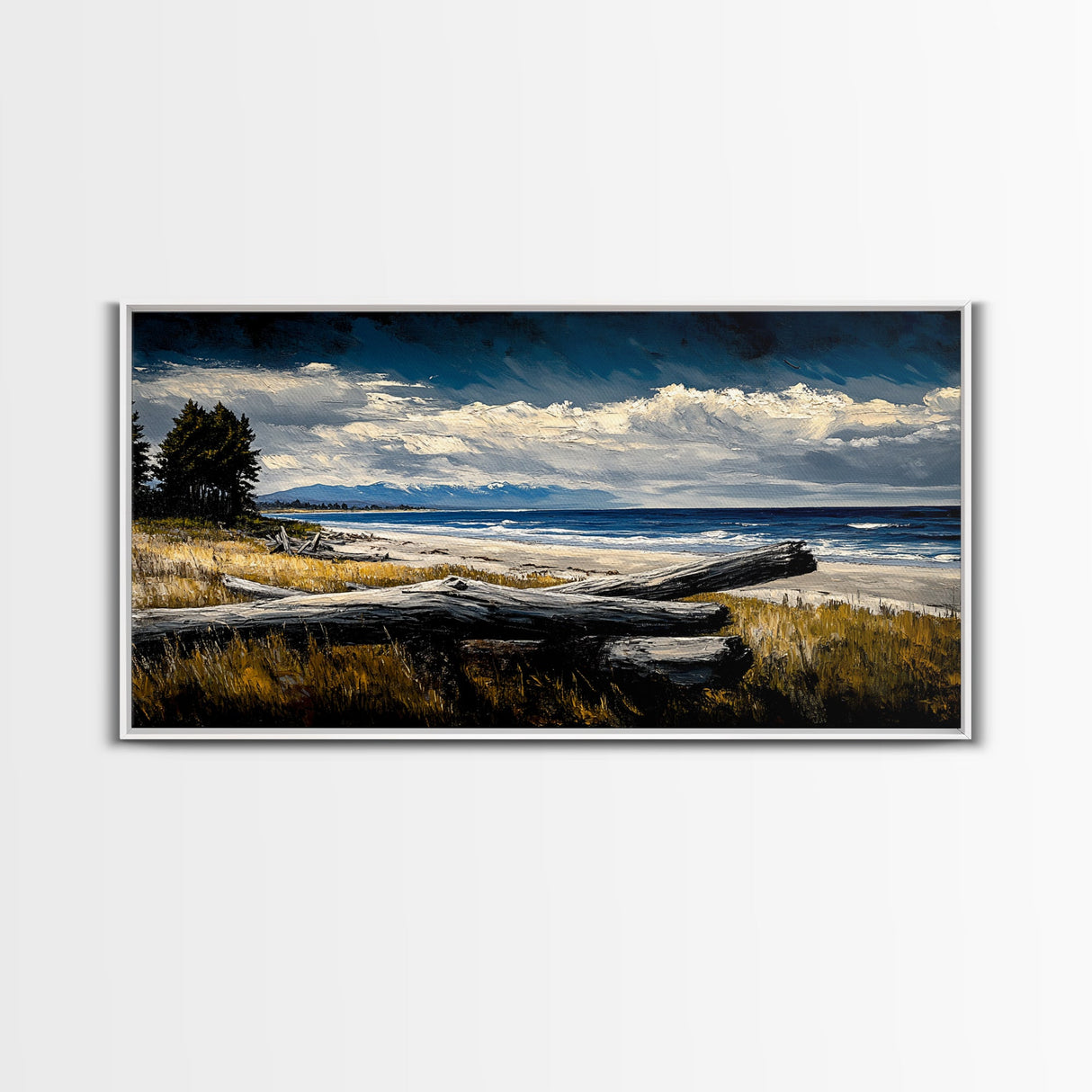 Seaside View, Dramatic Sky, Coastal Landscape, Nature Painting, Deep Blue Tones, Framed Canvas Print, Beach House Decor, Living Room Art