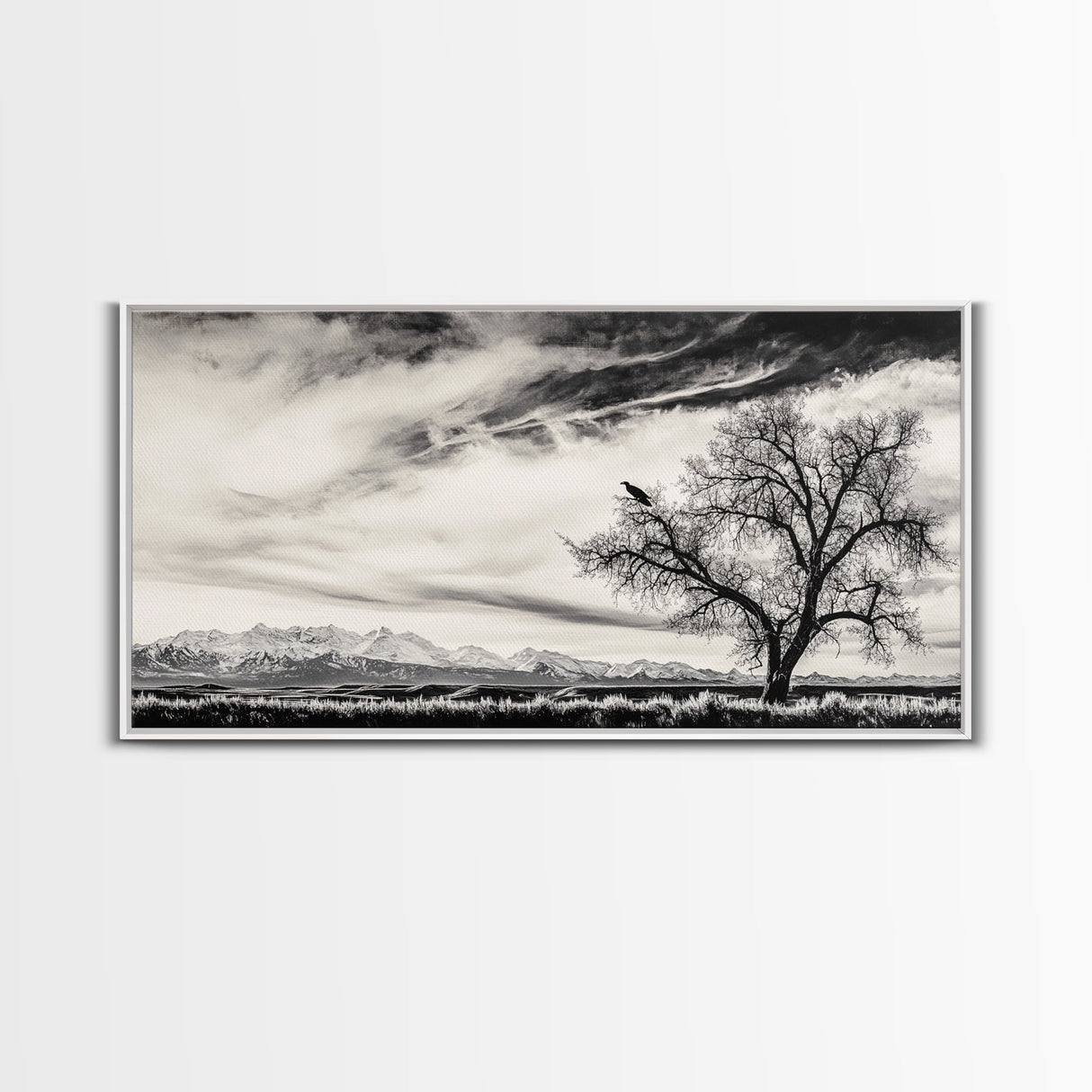 Lone Tree, Monochrome Landscape, Dramatic Sky, Framed Canvas Print, Moody Wall Art, Nature Scene, Modern Rustic Decor, Entryway Wall Art