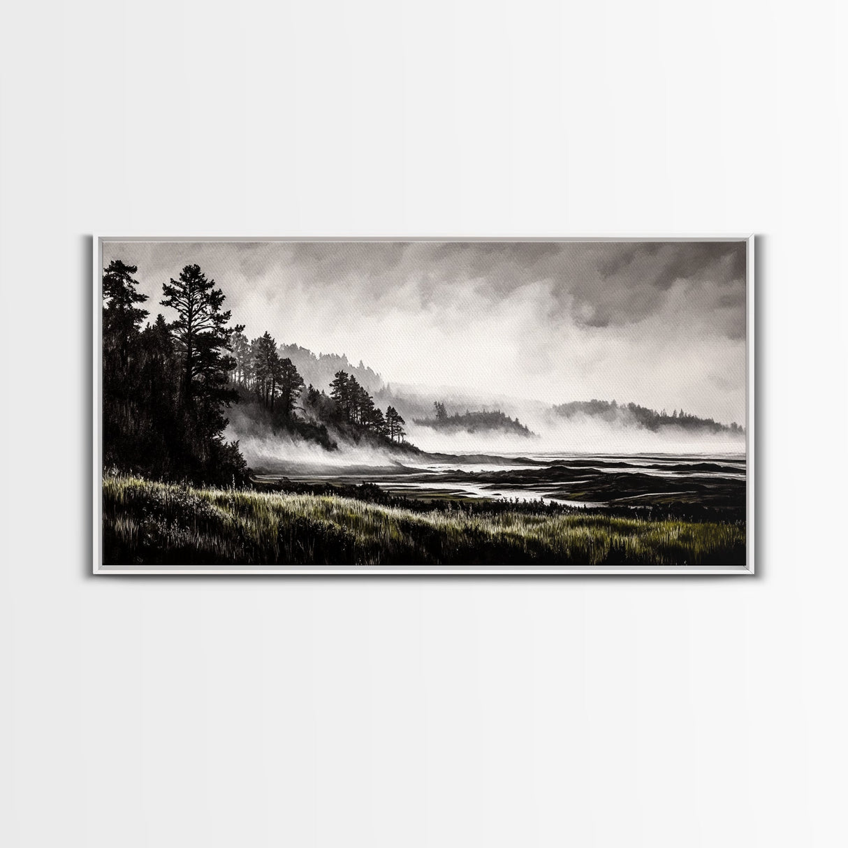 Foggy Hills, Woodland Landscape, Monochrome Art, Canvas Print, Rustic Nature Decor, Peaceful Wall Art, Mountain Art