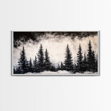Pine Trees, Fog, Winter, Black and White, Framed Canvas Print, Mountain Art, Rustic Cabin Decor, Christmas Gift, Minimalist Home Wall Art