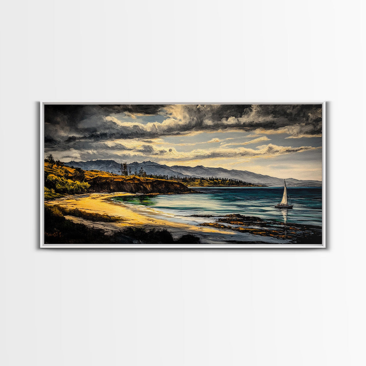Sailboat, Coastal Sunset, Dramatic Sky, Framed Canvas Print, Nautical Wall Art, Beach House Decor, Ocean Lover Gift, Living Room Art
