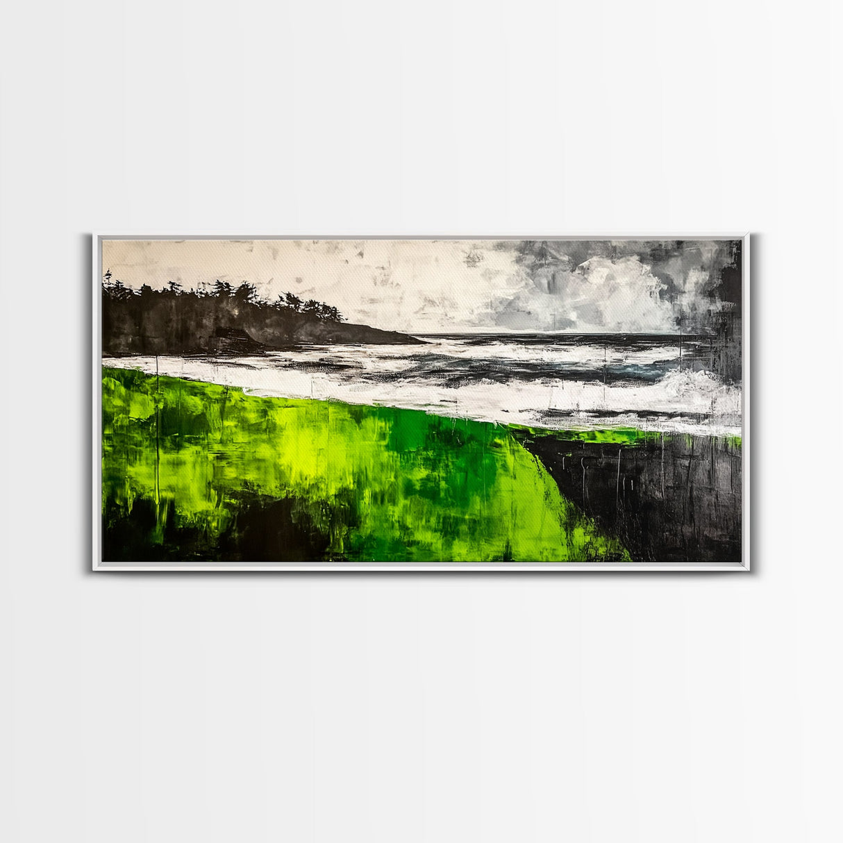 Green Cliffside, Coastal Landscape, Ocean Art, Black and White Seascape, Modern Home Decor, Nautical Theme Artwork, Framed Canvas Print